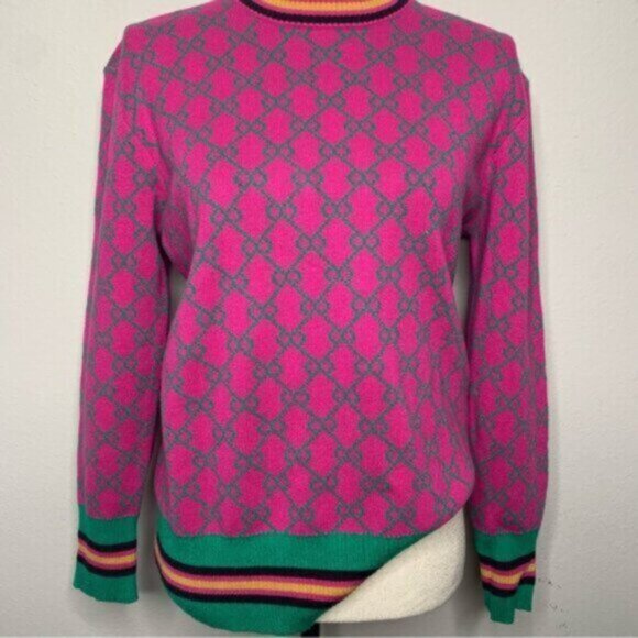Vibrant Pink Geometric Pattern Sweater with Green Accents and Striped Trim - Picture 8 of 11